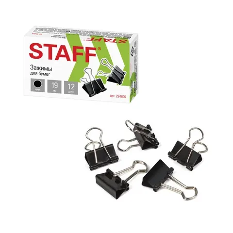 Зажимы для бумаг STAFF EVERYDAY 19 мм, 12 шт., черные