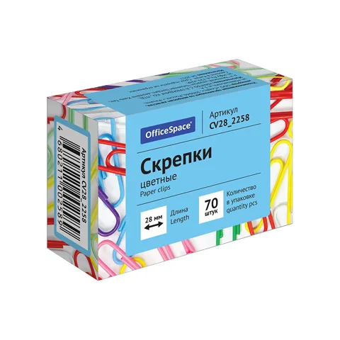 Скрепки цветные OfficeSpace 28 мм, коробка 70 шт.