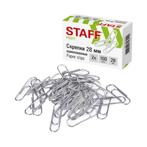 Скрепки STAFF 28 мм, оцинкованные, коробка 100 шт.