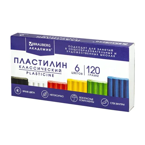Пластилин BRAUBERG "Академия", 6 цветов