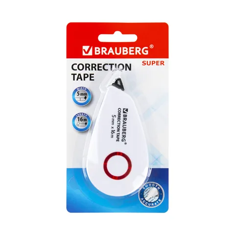 Корректирующая лента "Brauberg Super", 5мм, 16м, белый корпус, в блистере